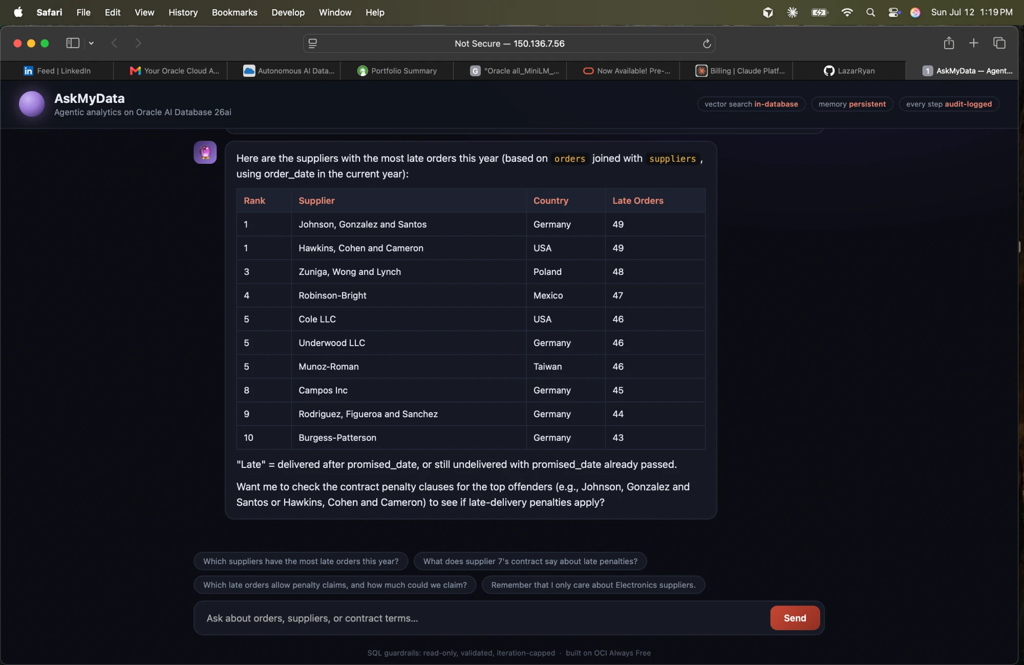 AskMyData answering a supply-chain question with a ranked table of suppliers